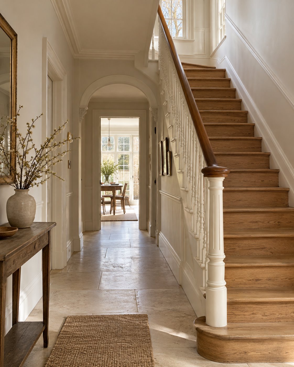 A light-filled entrance hall with an oak staircase