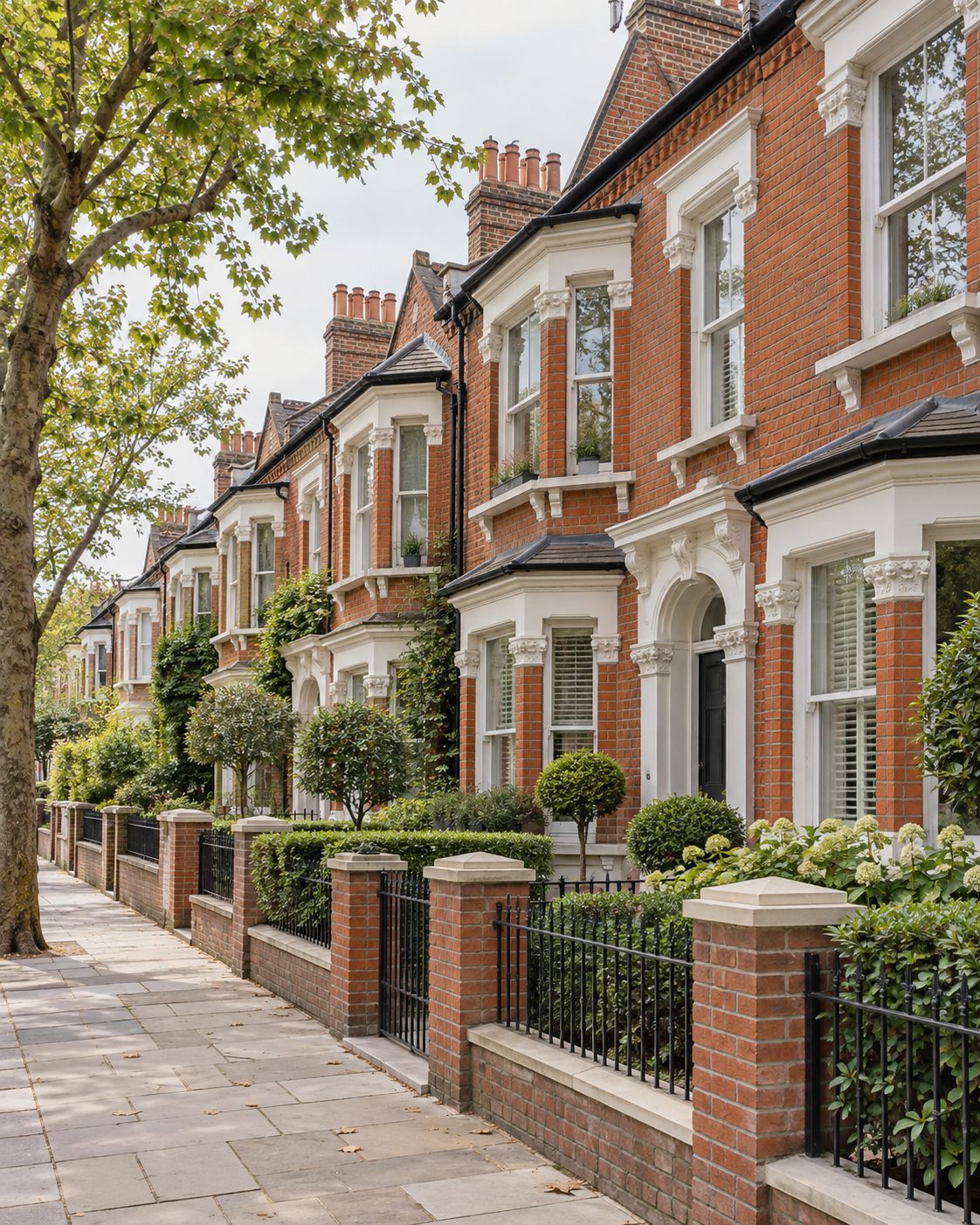 Red-brick Victorian homes on a quiet street