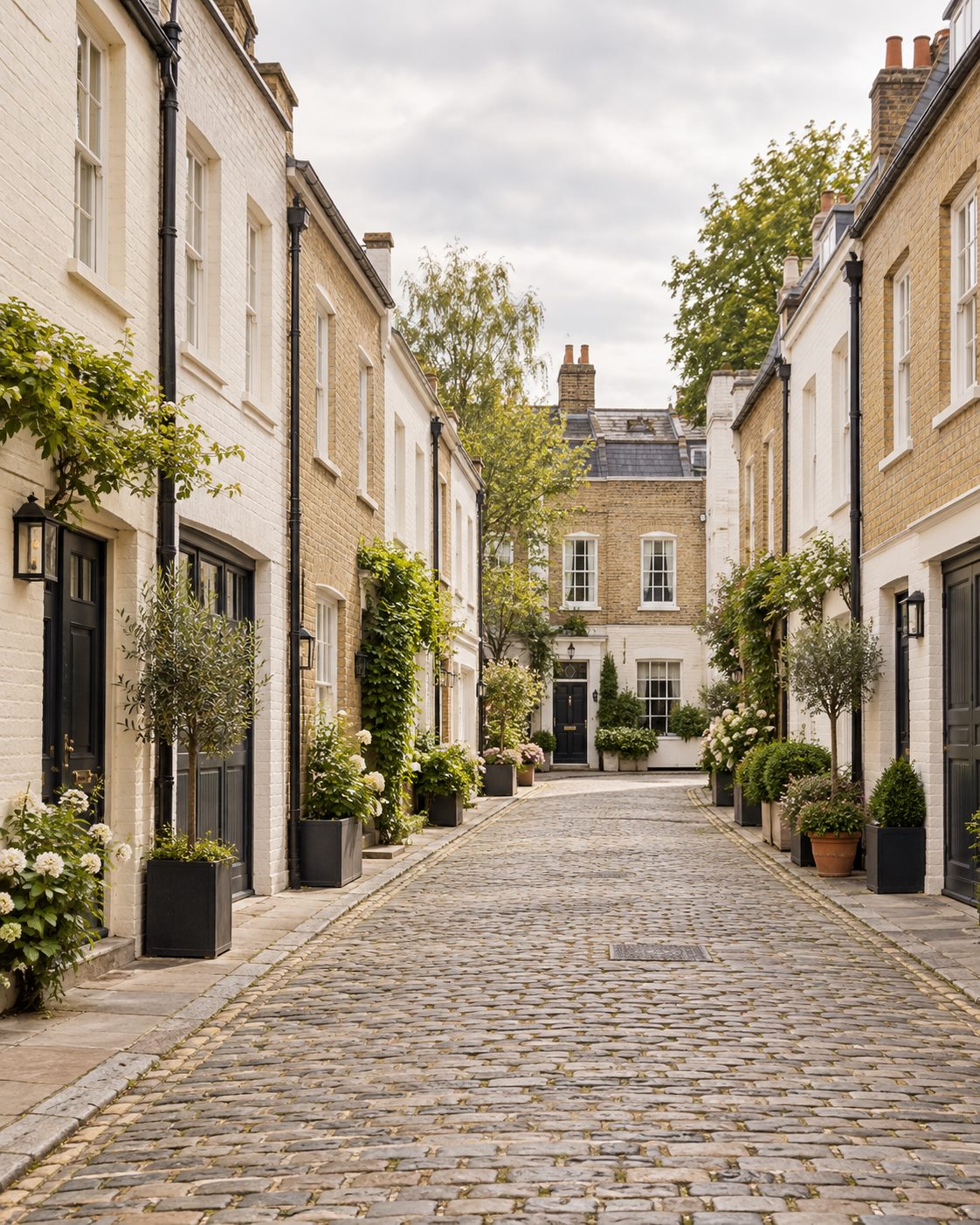 A quiet cobbled mews with pale townhouses