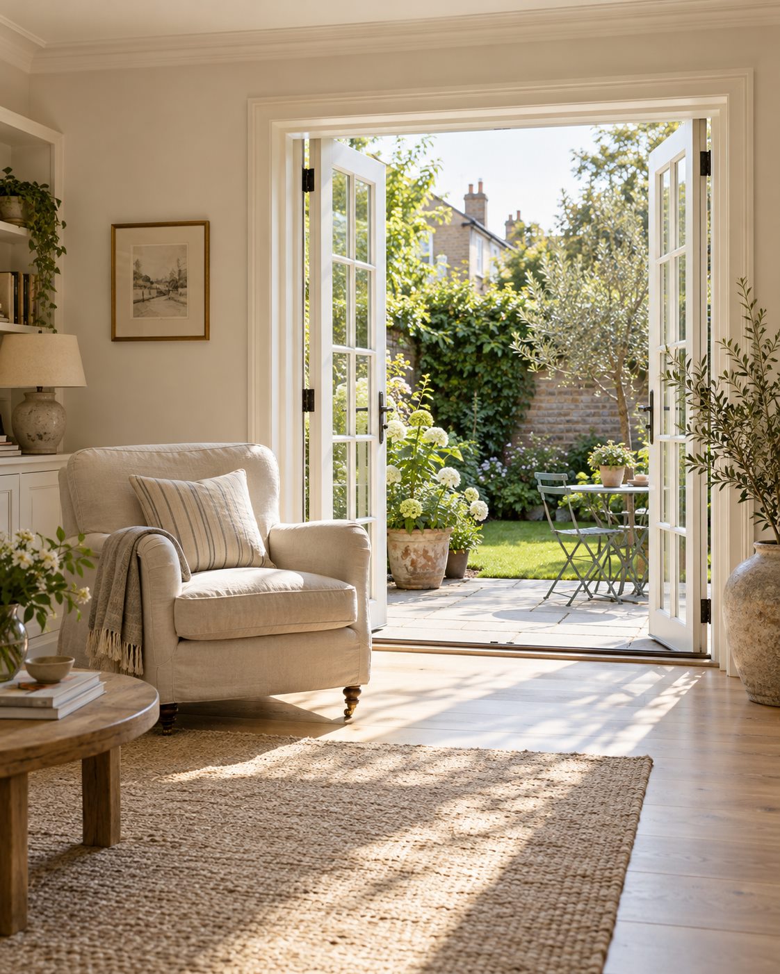 A sunlit reception room opening to a garden