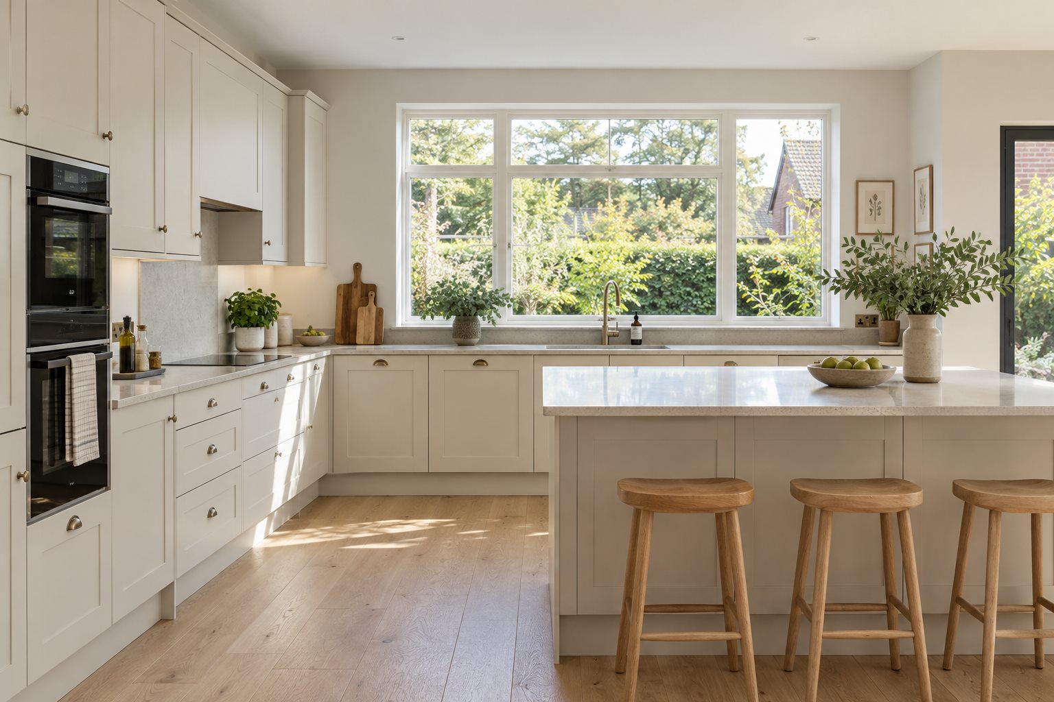 A bright kitchen with a large garden window